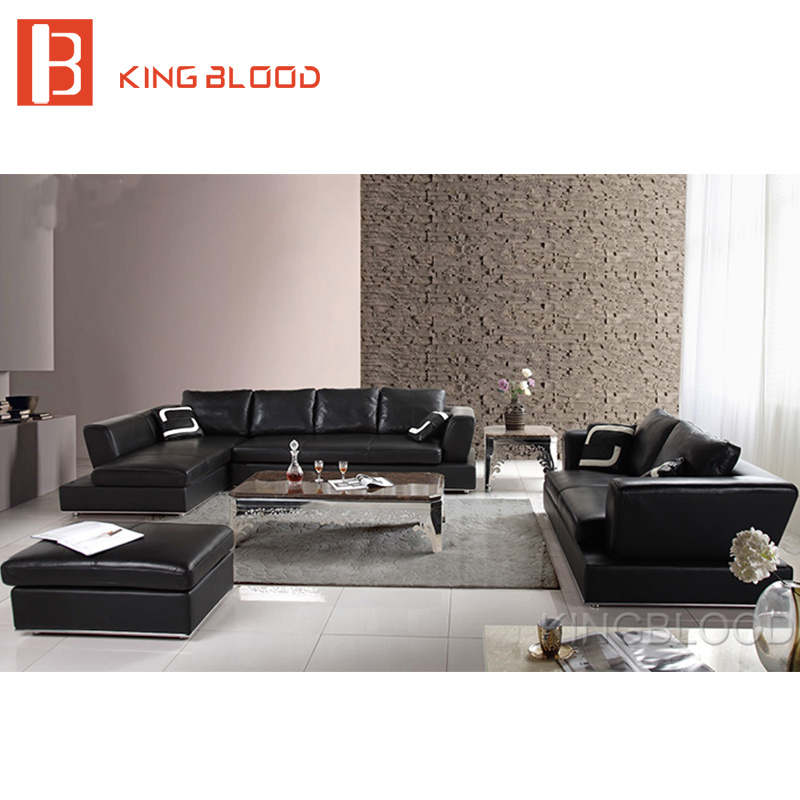 Black Leather European Modern Sectional Corner Sofa Sets for Living Room