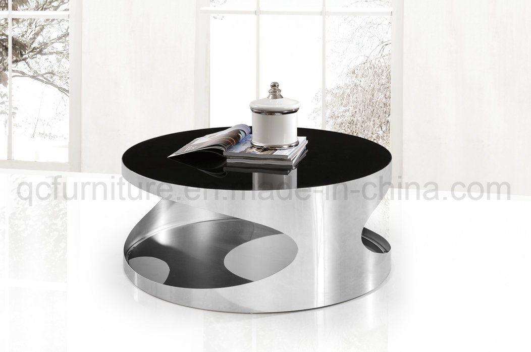 Round Coffee Table with Mirror Silver Stainless Steel Base