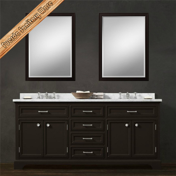 Fed-1689 Espresso Marble Top Double Sink Solid Wood Bathroom Vanity Bath Cabinet