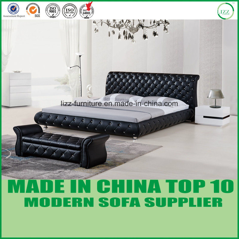 Black Color Modern Real Leather Double Bed