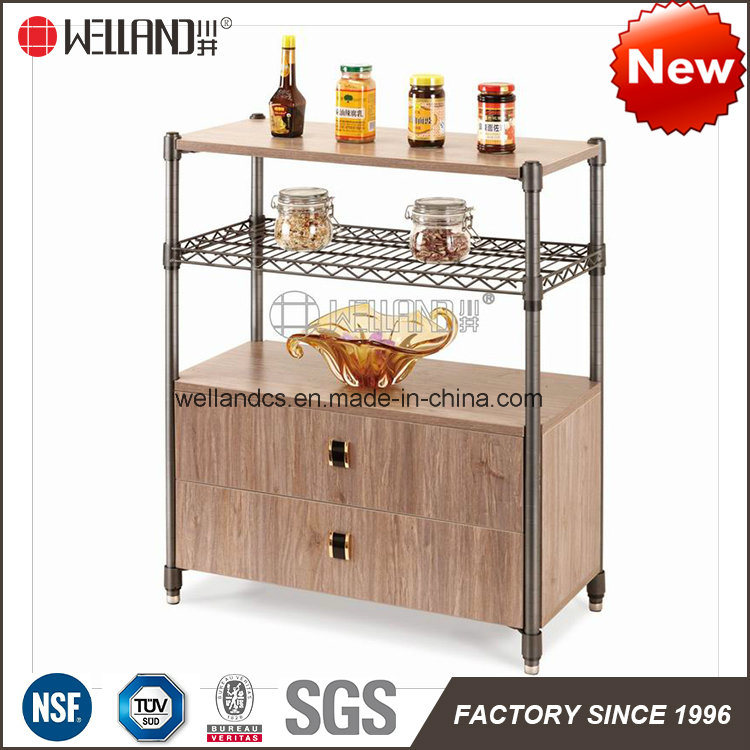 Patent Design Steel-Wooden Kitchen Furniture with Wire Shelves