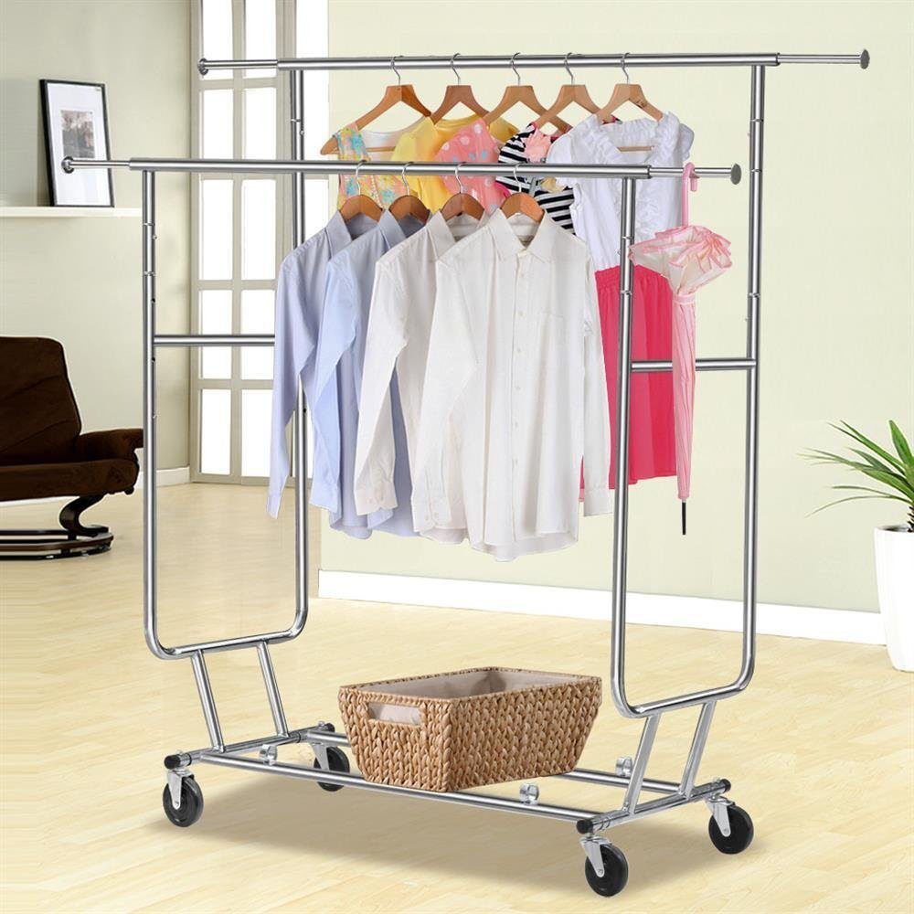 Adjustable Double Rail Rolling Clothing Garment Rack Drying Rack, Chrome Finish (JP-CR406)