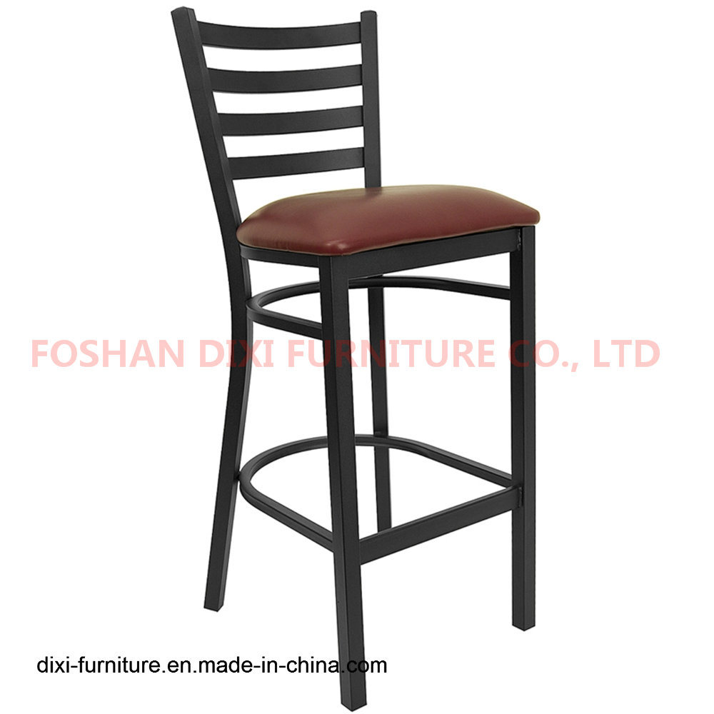 Bar Furniture Black Ladder Back Metal Restaurant Barstool with Burgundy Vinyl Seat