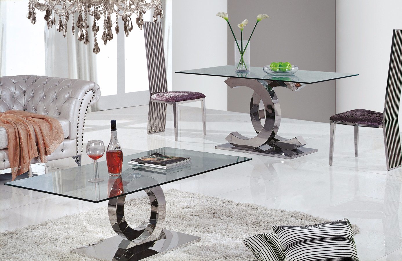 Stainless Steel Glass Top Dining Table for Sale