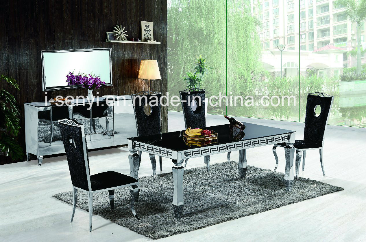 Patent Tempered Glass or Imitated Wood Top Stainless Steel Dining Table