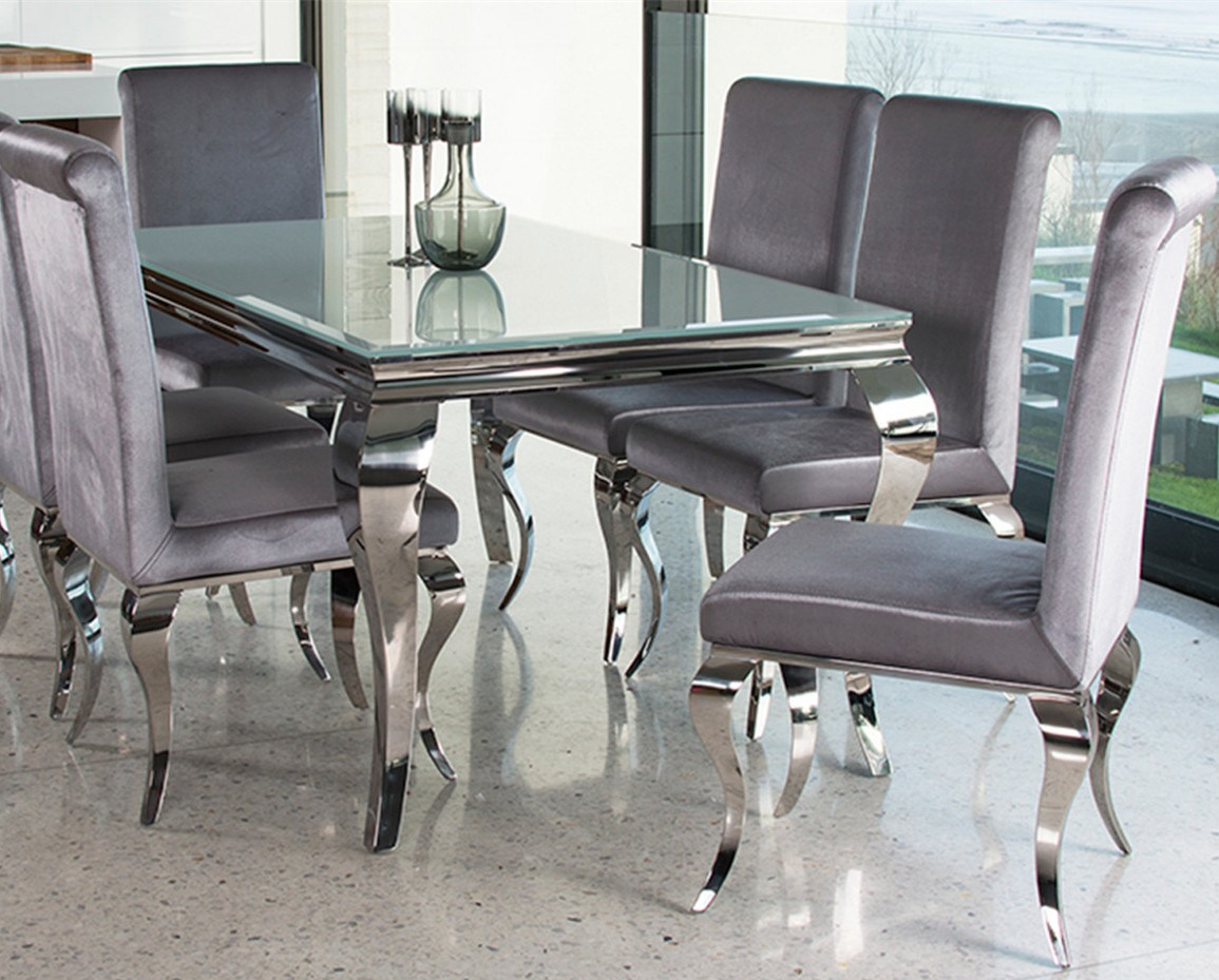 Modern French Chrome Louis Velvet Dining Chair and Dinner Table