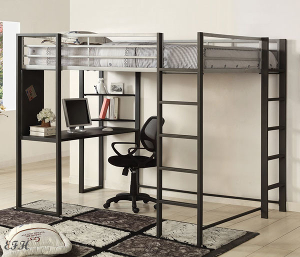 Contemporary Silver Gun Finish Metal Twin/ Full Loft Bed Workstation