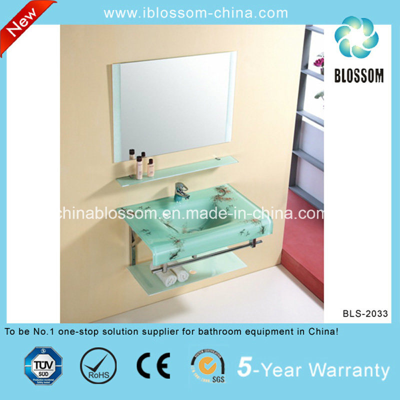 Elegant Design Bathroom Washing Glass Basin Vanity with Mirror (BLS-2033)