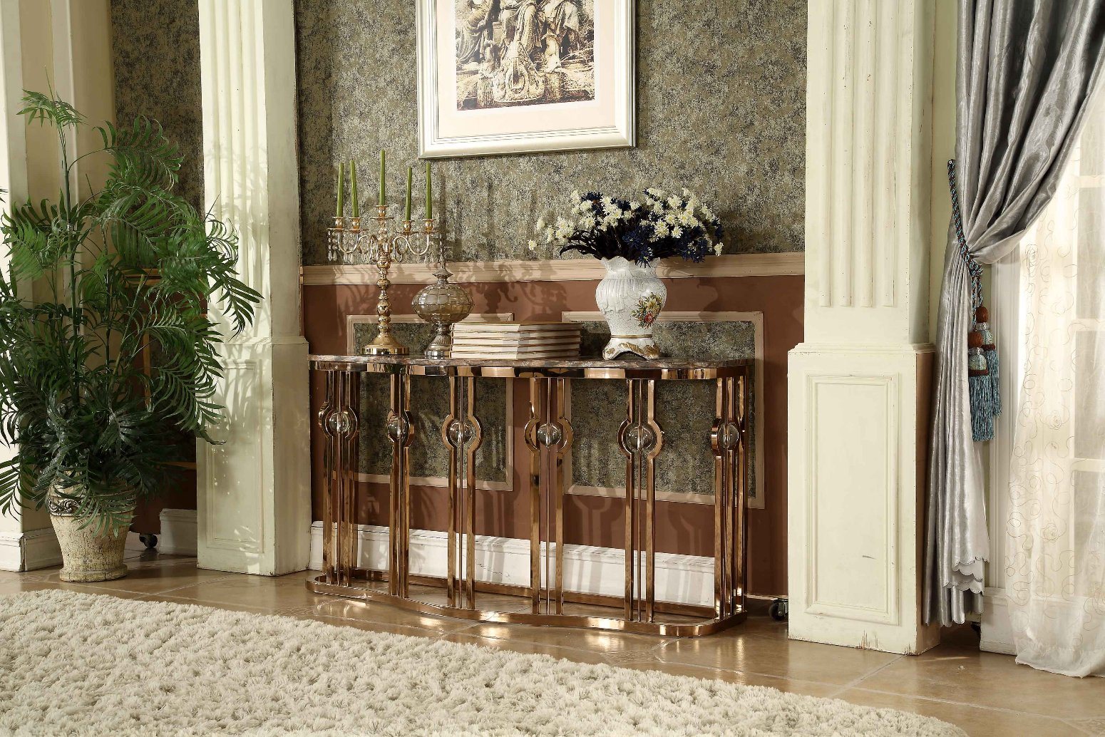 Marble Top Rose Golden Metal Frame Modern Console Table