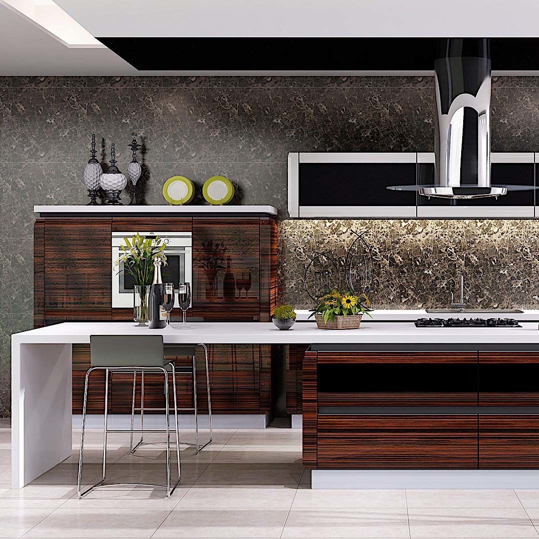 Home Furniture Brown Color High Gloss Lacquer Wood Kitchen Cabinet