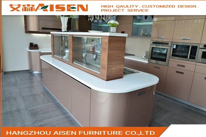 Champagne Color Metallic Lacquer Arc Shape Design Modern Kitchen Cabinet