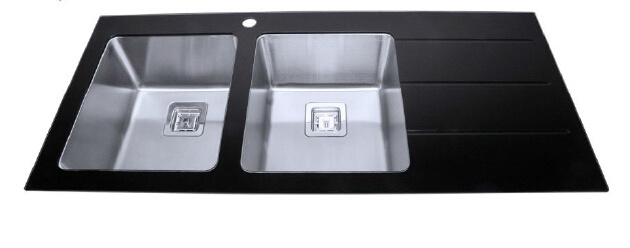 Tempered Glass Top Double Bowl Kitchen Stainless Steel Sink