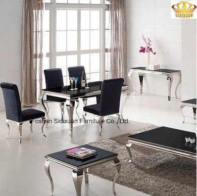 Modern Black Gloss Glass Stainless Steel Dining Table Set with Chair