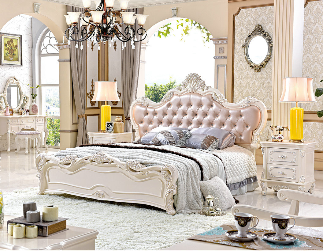 French Luxury Baroque Style Canopy Bedroom Set/European Wooden Carving Kind Size Bed (6019)