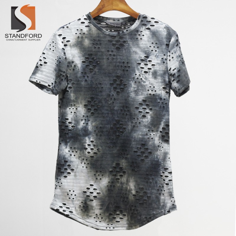 New Arrival Trendy Men's Trendy Cool Hip-Hop Ripped Round Hemline Hole T-Shirt