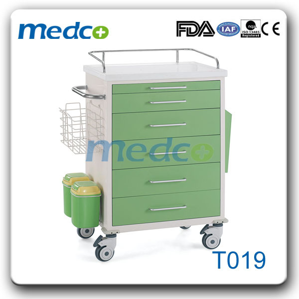 Hospital Metal Crash Cart, Emergency Treatment Trolley with Two Dustbin