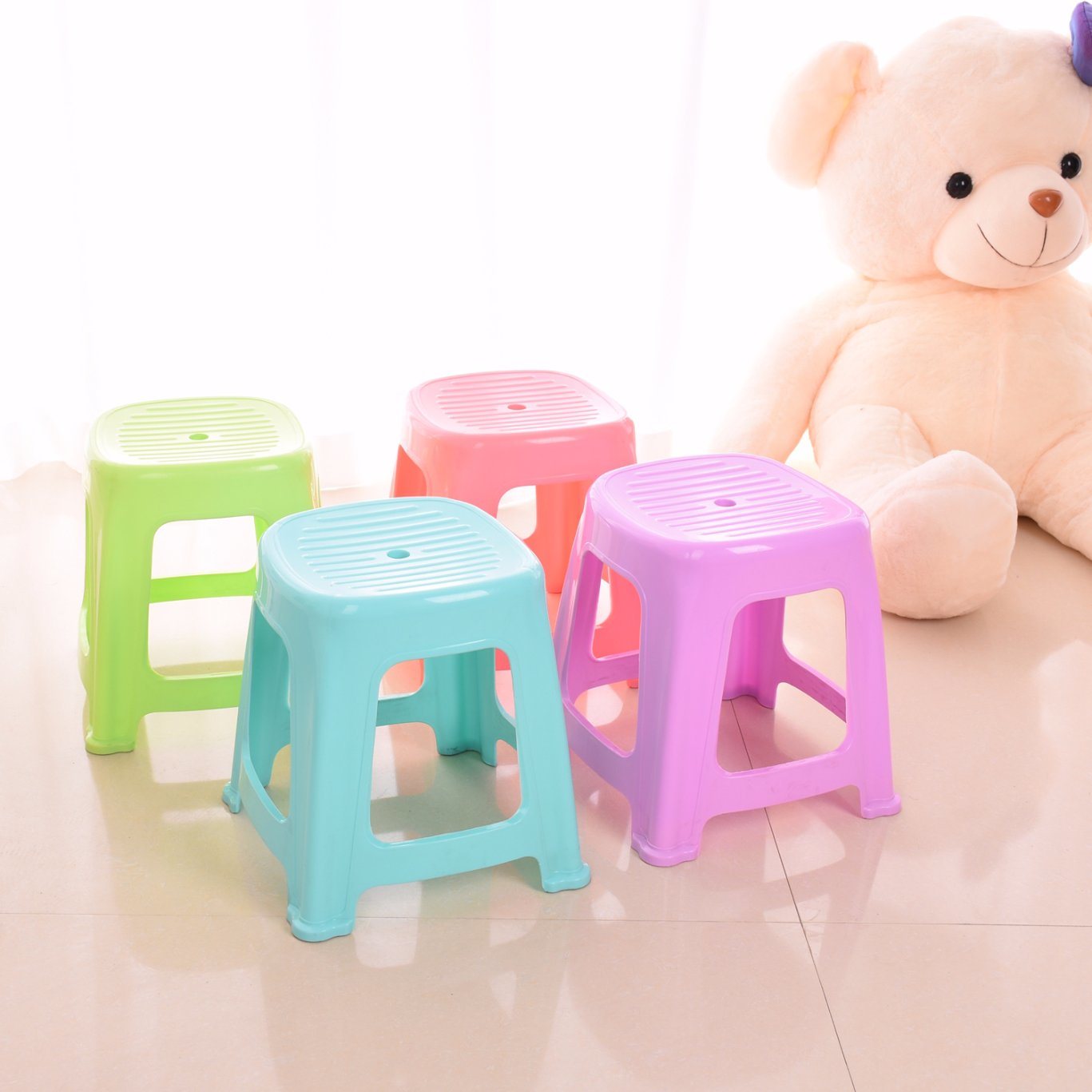 100% New PP Colored Bathroom Furniture Stripes Medium Plastic Stool