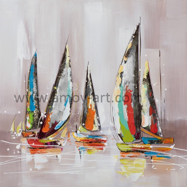 100% Handmade Nordic Style Ship and Sail Oil Painting for Wall Decor