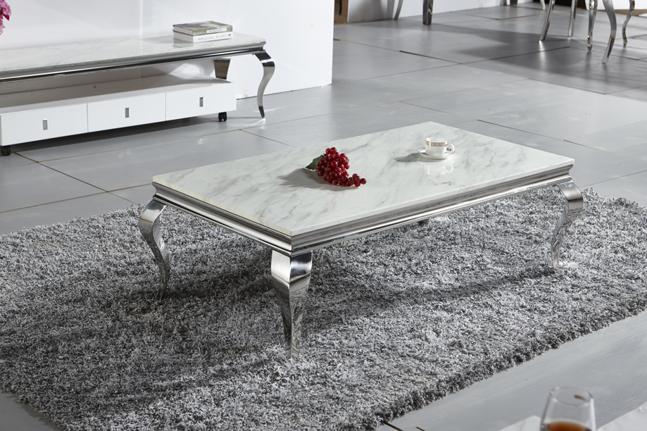 Living Room Furniture Alternative White Marble & Imitated Wood Top Stainless Steel Coffee Table