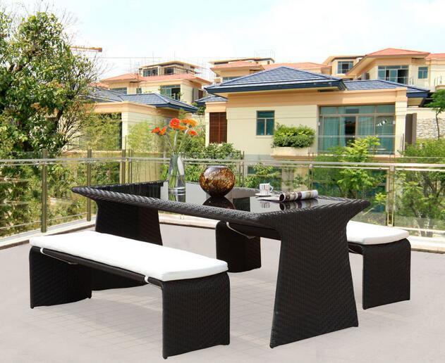 3 Pieces Rattan Bench Long Table Set PE Rattan Furniture