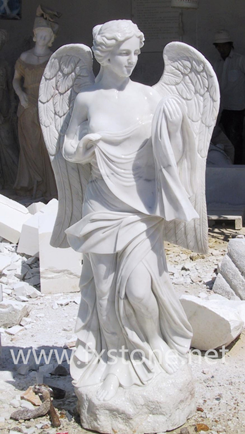 Roman Marble Angle Sculpture in Garden