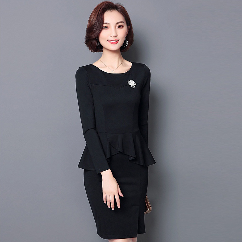 Ladies Flouncing Hemline Bodycon Long Sleeve Office Uniform Suit Dress