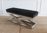 Shiny Cross Stainless Steel Base Black Velvet Ottoman Bench