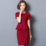 Women Flouncing Hemline Two Piece Short Sleeve Office Suit Dress